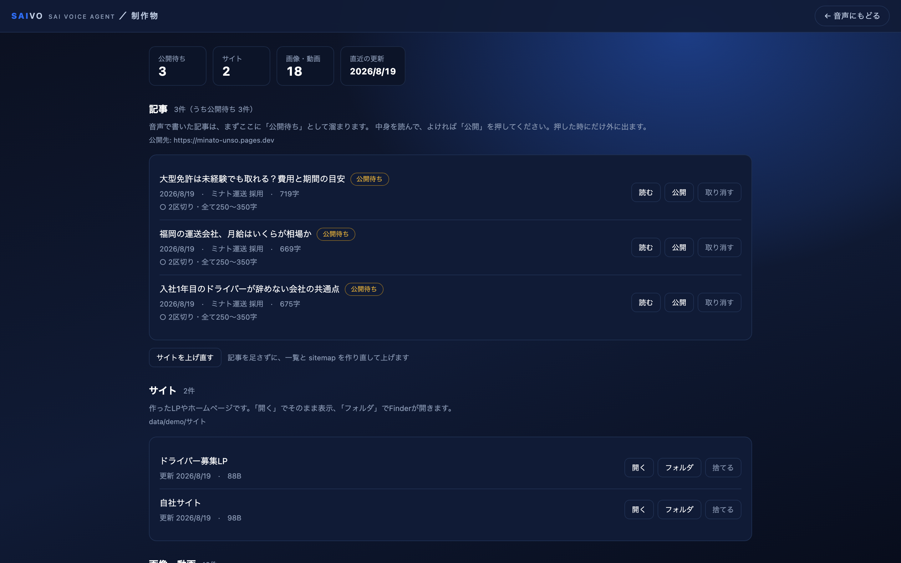 制作物の画面。書いた記事とサイト・画像が一覧で並んでいる